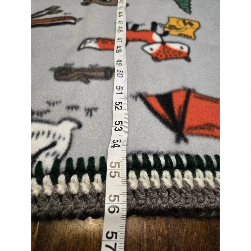 Handmade Fleece‎ Crocheted Edge Camping Animals Blanket 58x56 Large Gray Soft